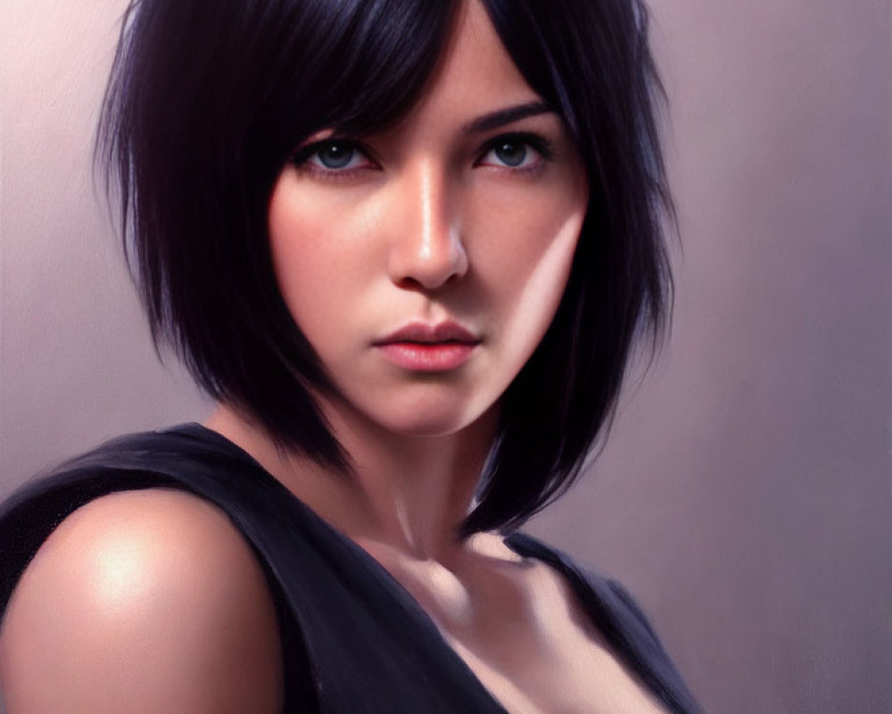 Digital painting of woman with short black hair and black top on soft-focus purple-grey background