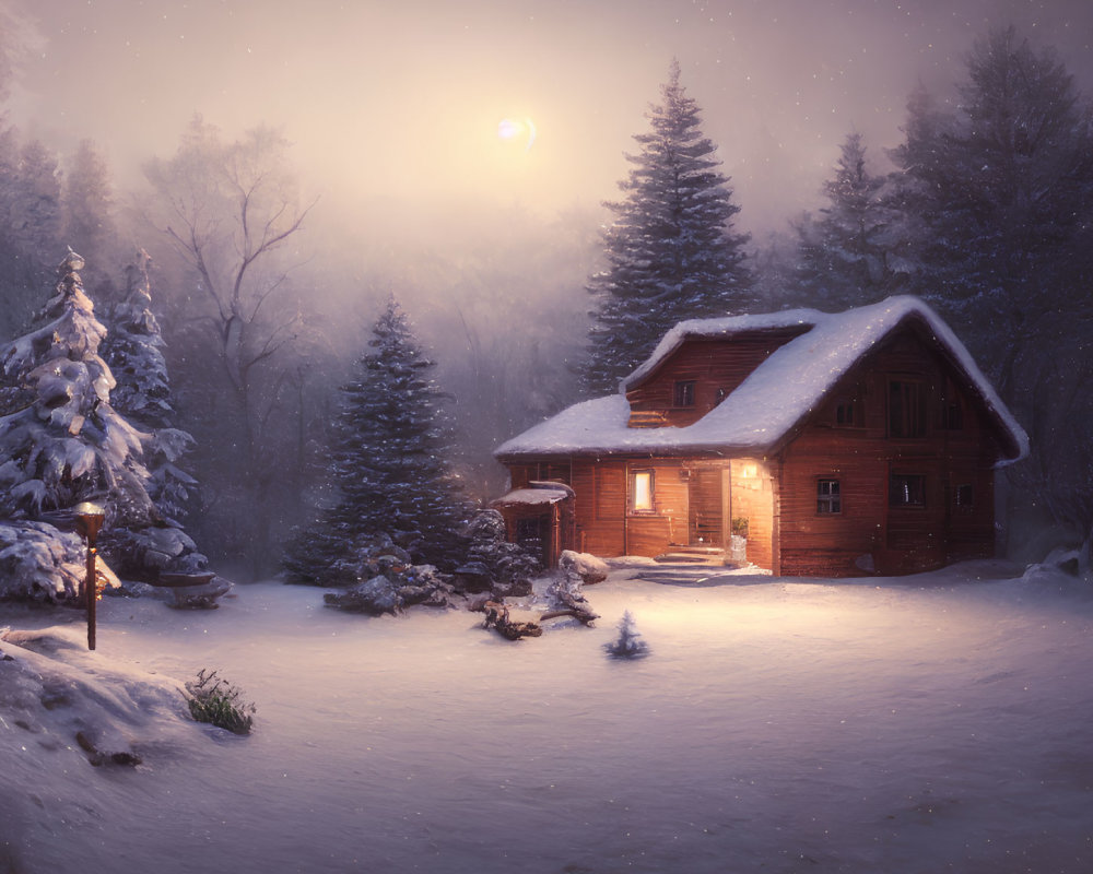 Snow-covered cabin nestled among pine trees under moonlit sky