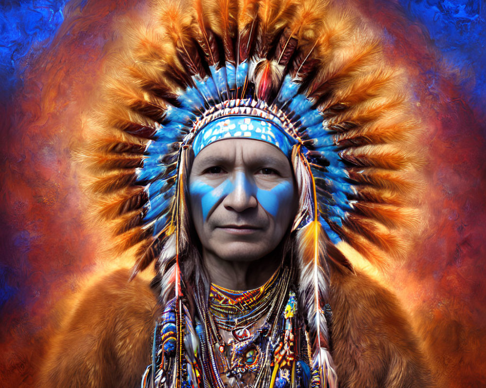 Colorful Native American Headdress on Person Against Artistic Background