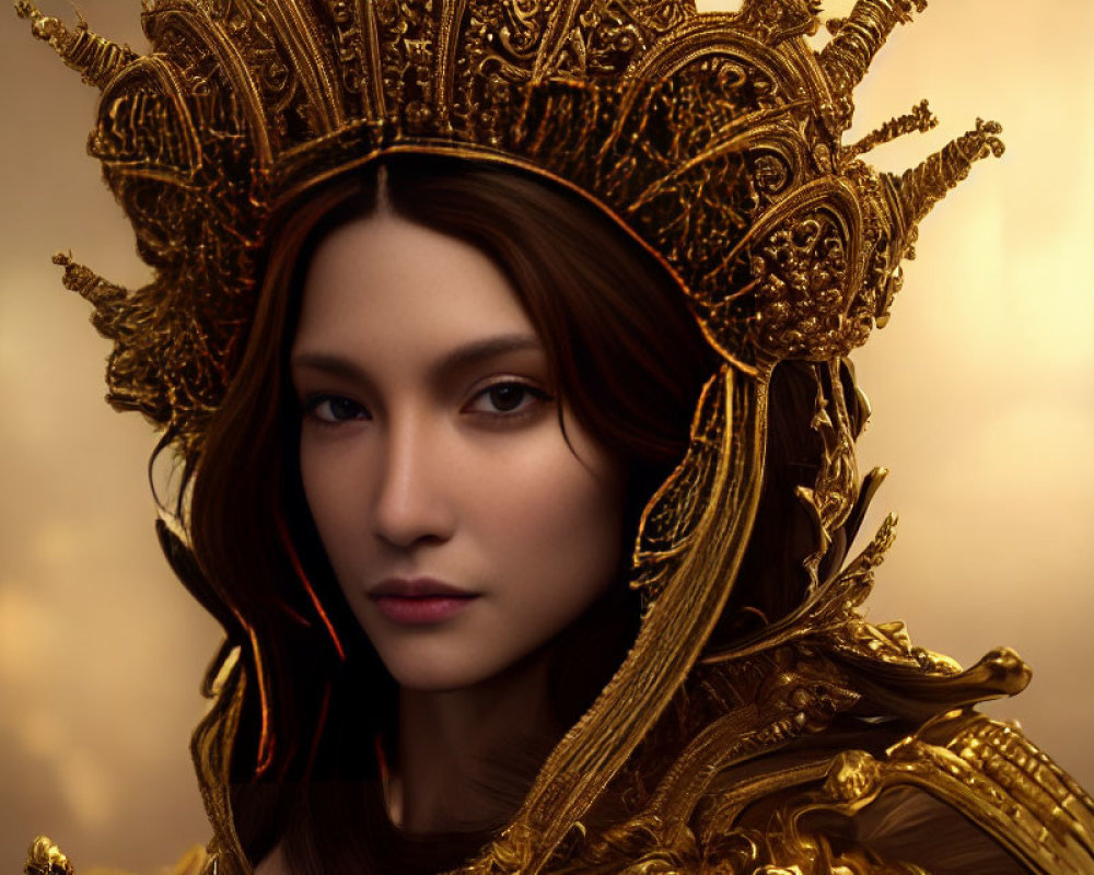 Regal woman in golden headdress and armor on warm background