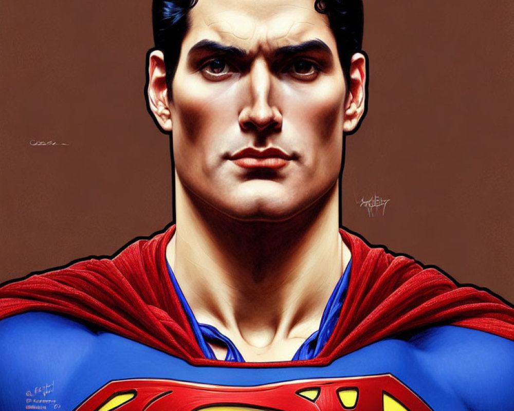 Superman illustration: 'S' logo, red cape, blue suit, confident expression