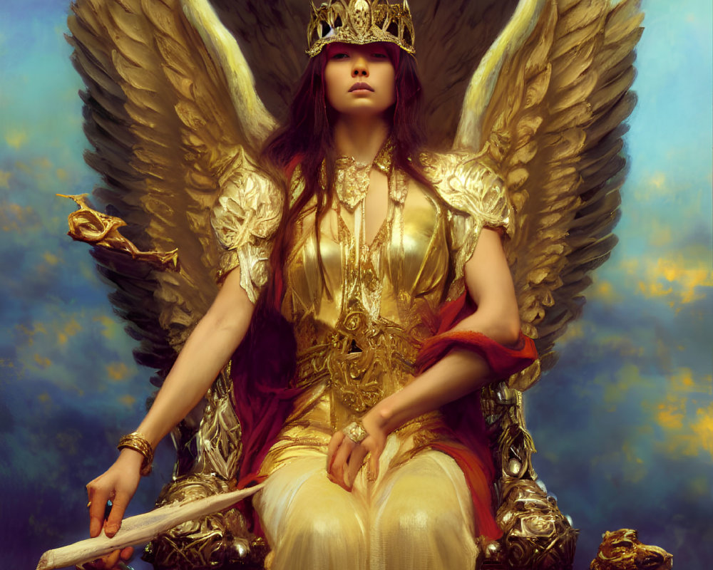 Regal figure in golden armor on throne with feathered wings