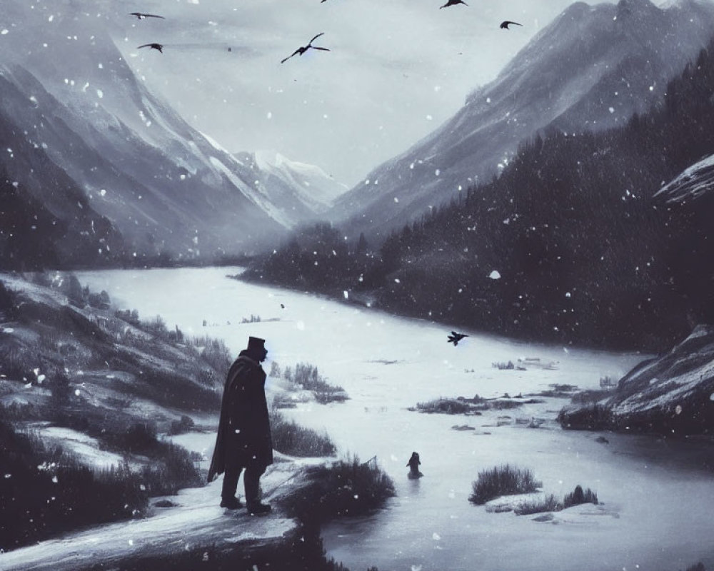 Solitary figure gazes at snowy valley with mountains, river, and flying birds