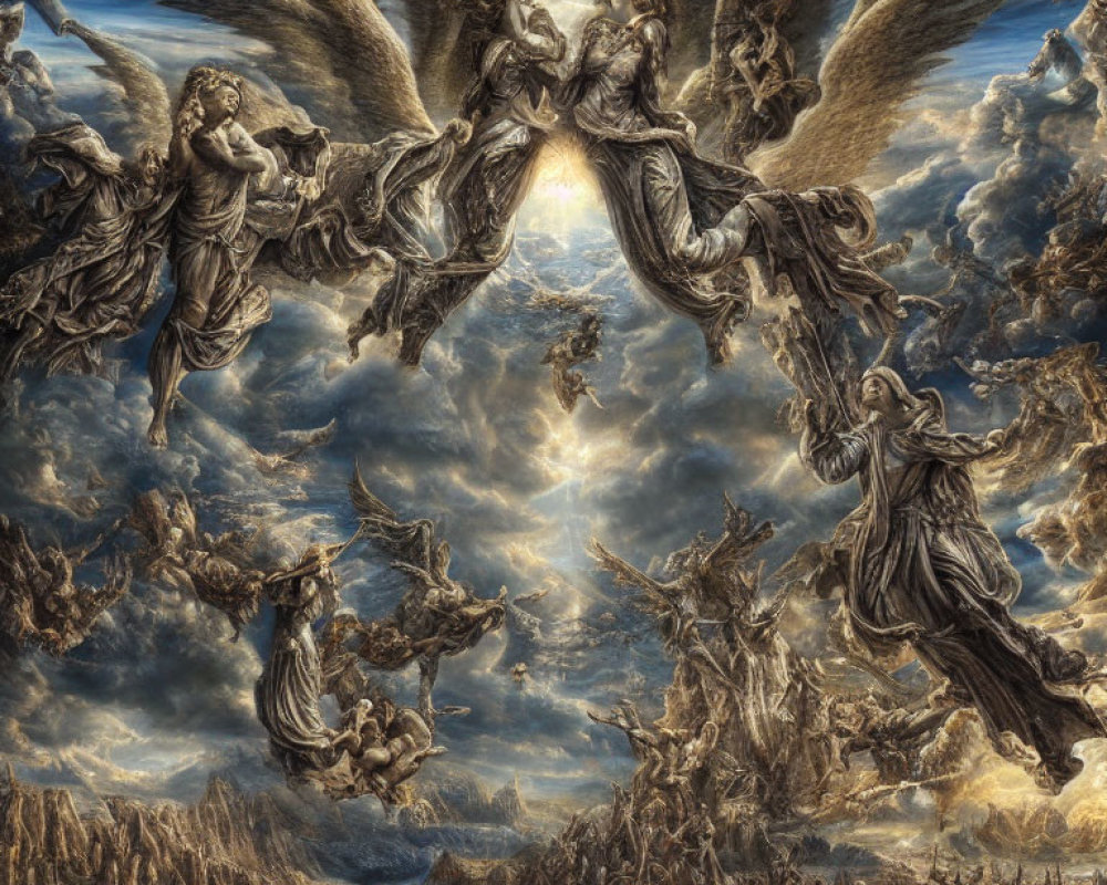 Baroque-style image of angels in dramatic clouds with radiant light.