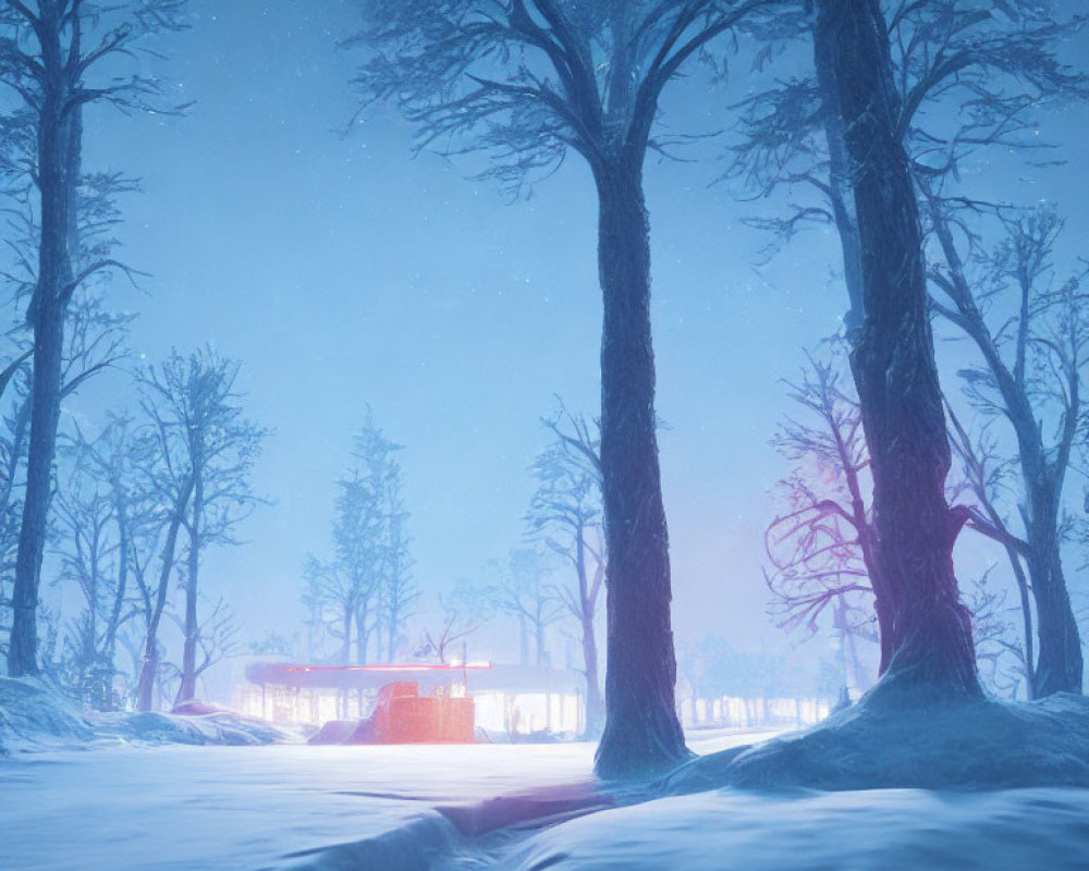 Winter Dusk Scene: Snowy Landscape, Tall Trees, Red Streetcar Glow