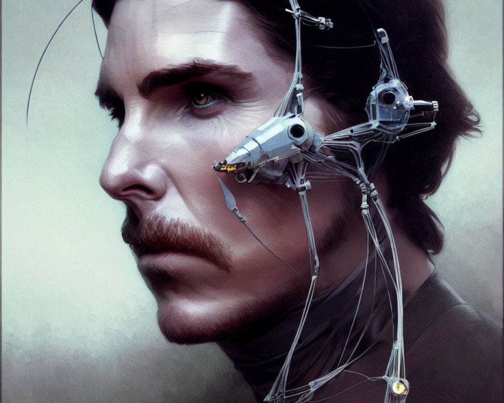 Digital artwork featuring man with mechanical ear implant