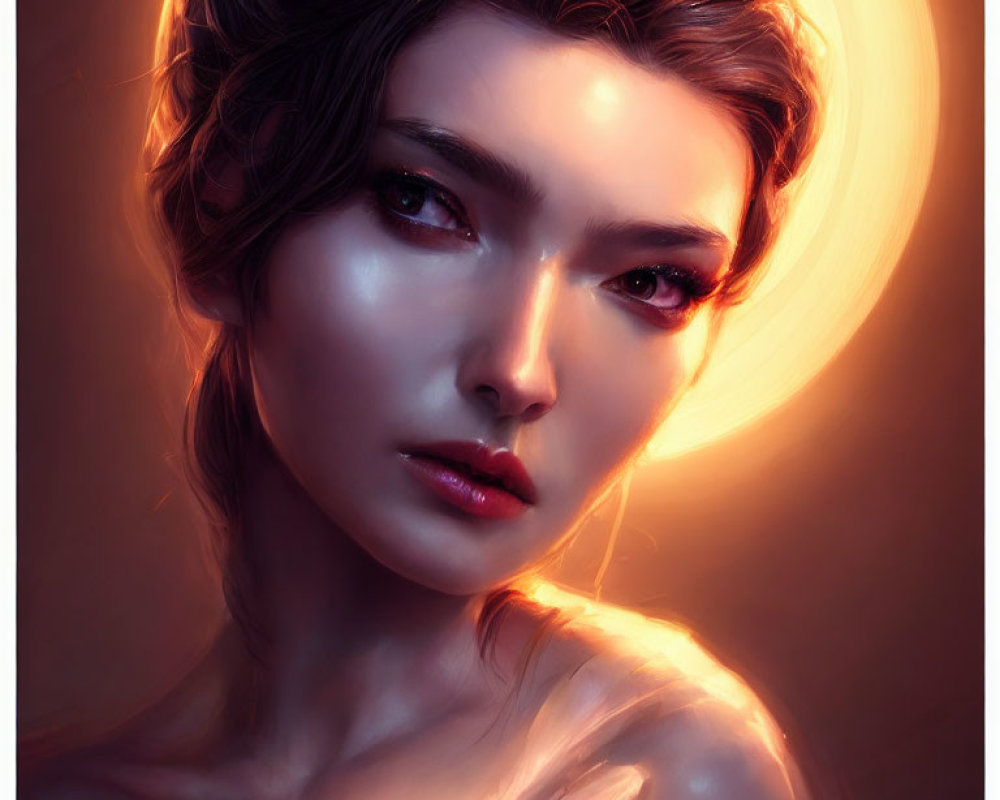 Digital portrait of woman with glowing skin and dark eyes against warm, luminous background