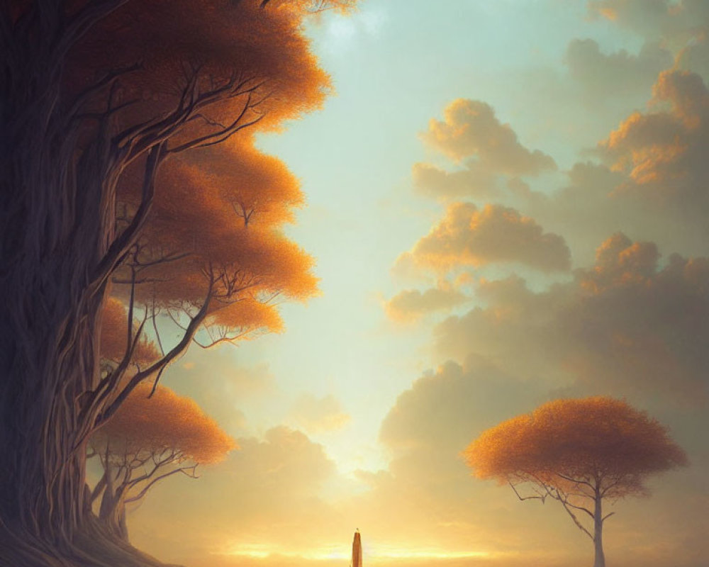 Tranquil landscape with large tree, figure on jetty, golden-lit sky