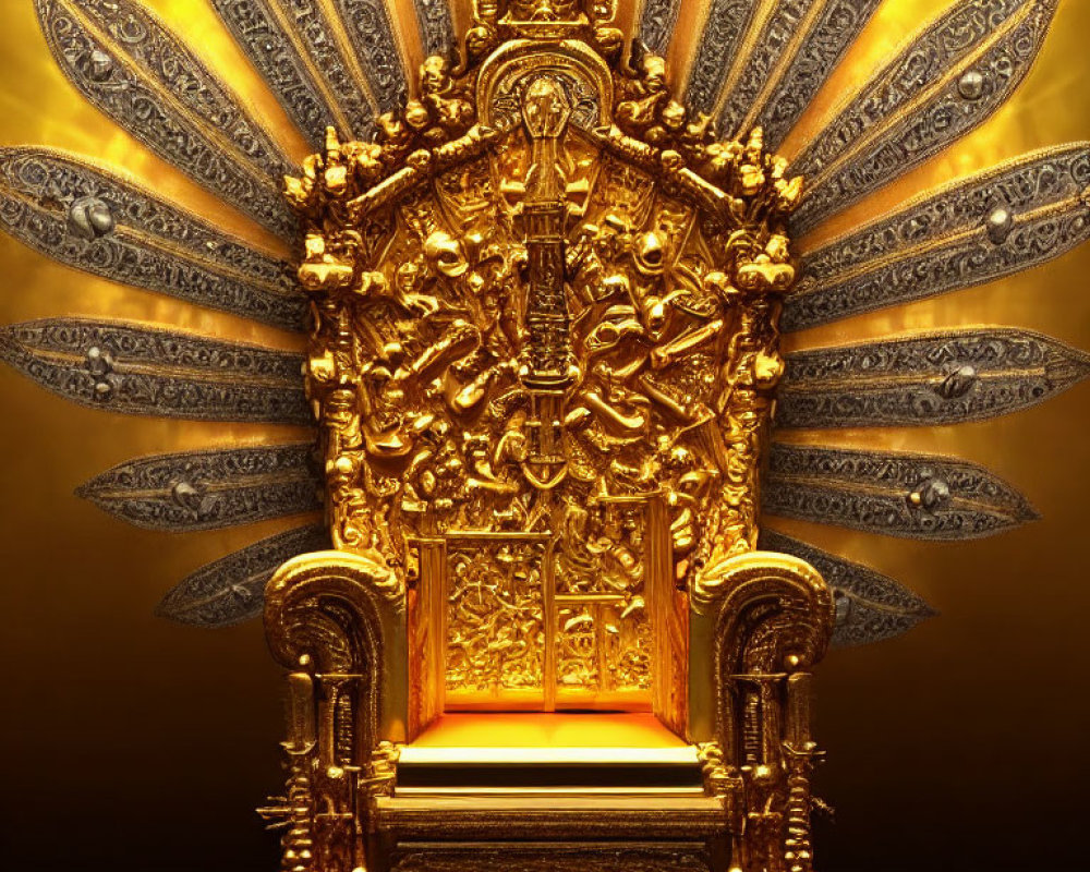 Elaborate Golden Throne with High Backrest on Yellow-lit Background