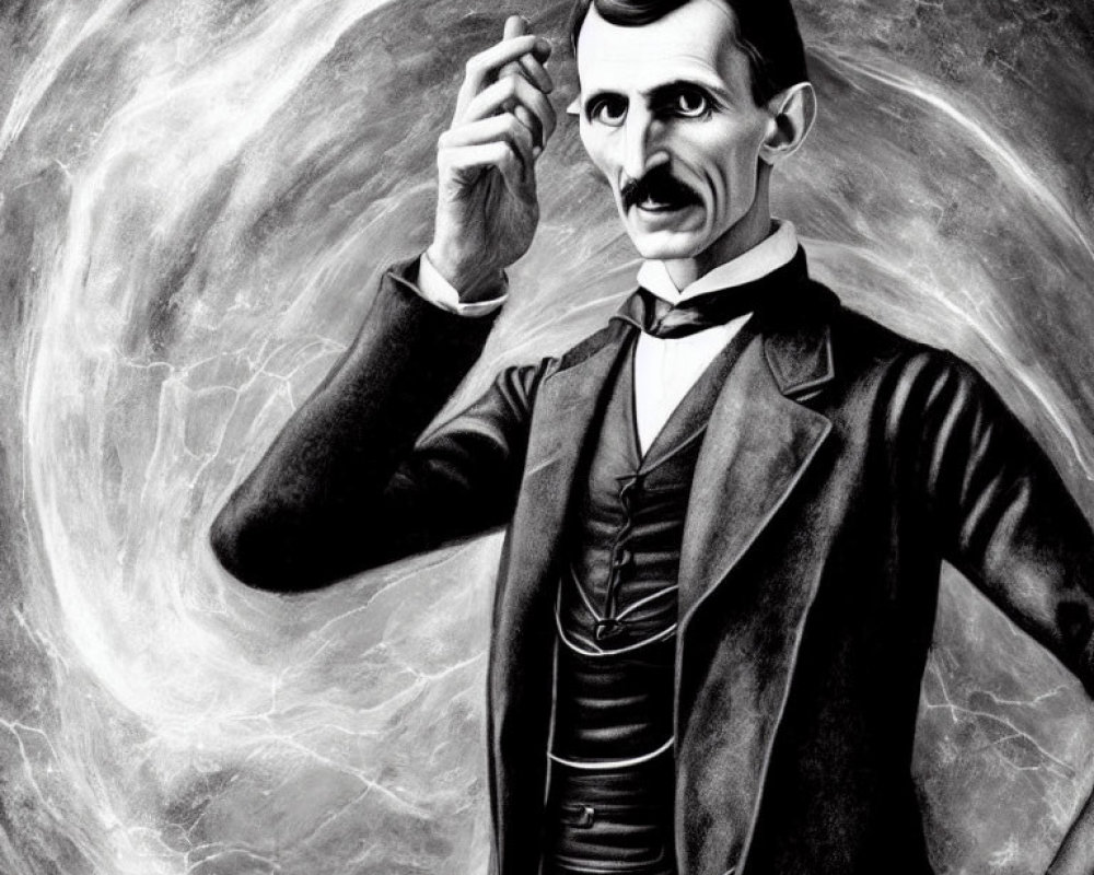 Monochrome illustration of a mustached man in a suit against galactic backdrop