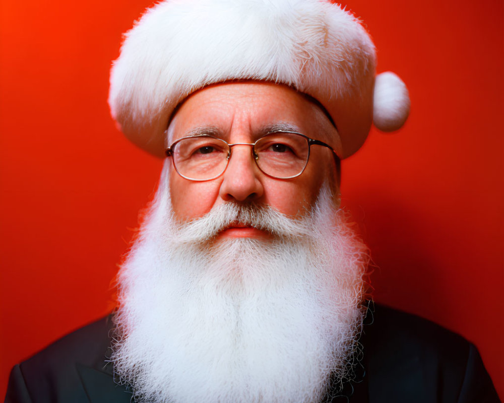 White-bearded man in Santa hat, glasses, serious expression on red background