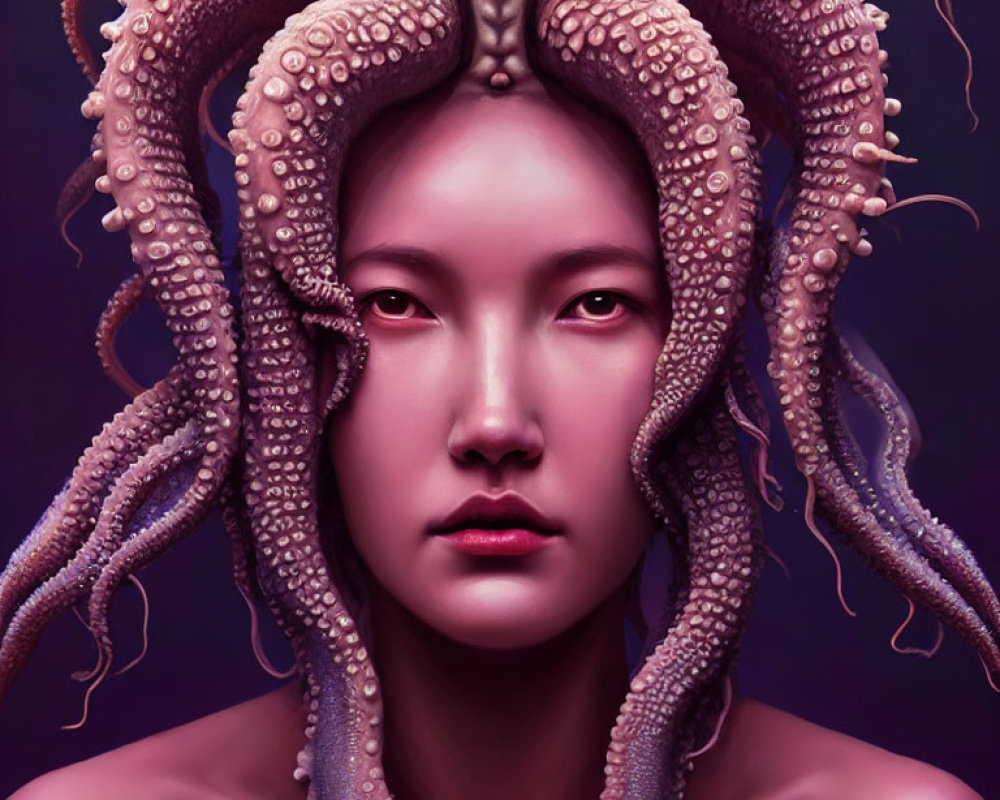 Woman with Octopus on Head, Purple Background