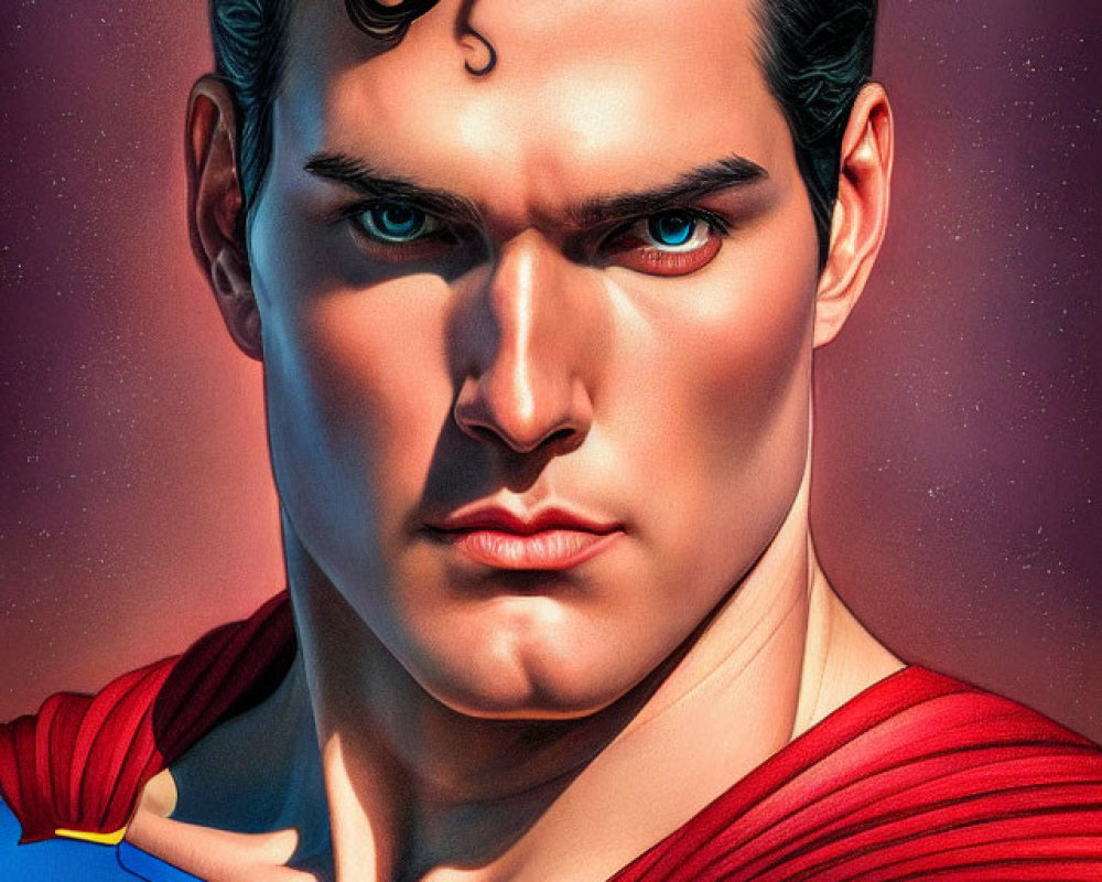 Superman illustration: blue-eyed, dark-haired hero in red cape and blue suit with 'S'