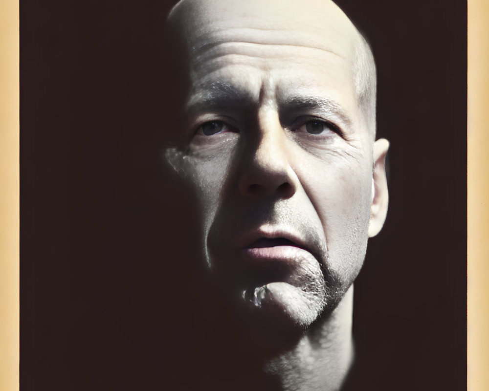 Hyperrealistic 3D model of bald man's head in dramatic lighting