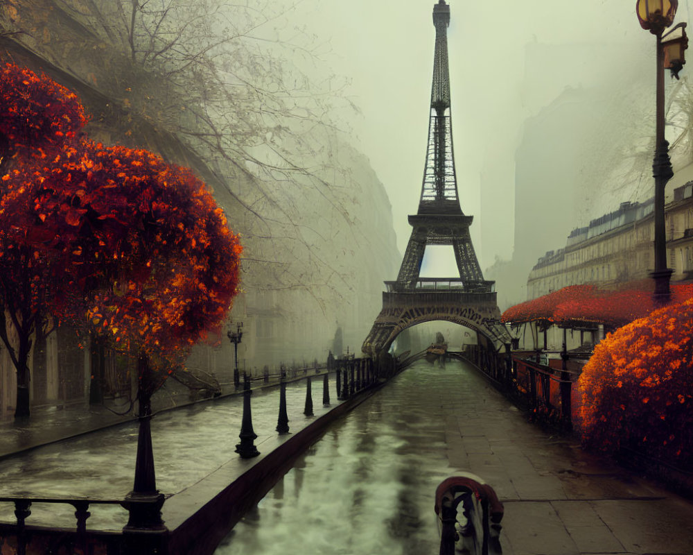 Autumnal Eiffel Tower Scene with Fog, Umbrella, and Vintage Lamps