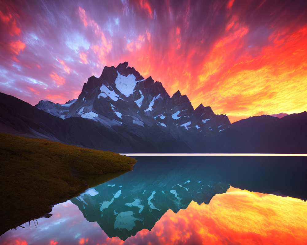 Scenic sunset with fiery clouds over mountain range and serene lake.