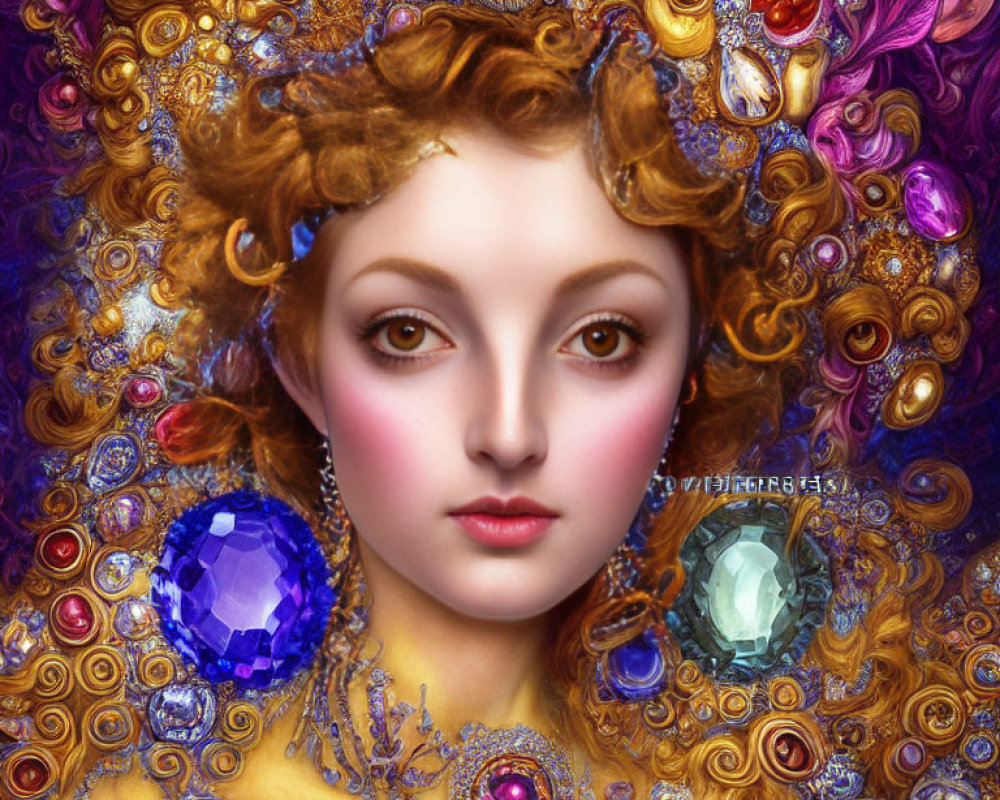 Digital artwork of woman with golden curls and gemstones