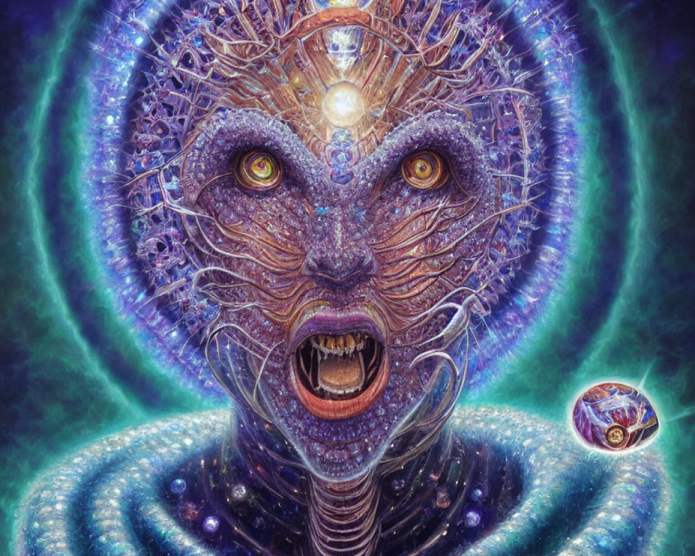 Cosmic-themed digital artwork with otherworldly face and multiple eyes.