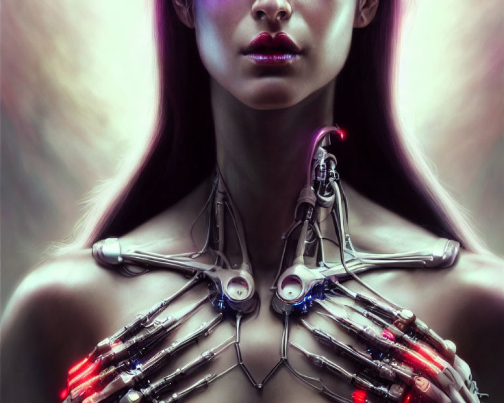 Female cyborg with exposed mechanical parts and purple eyes on soft-lit background