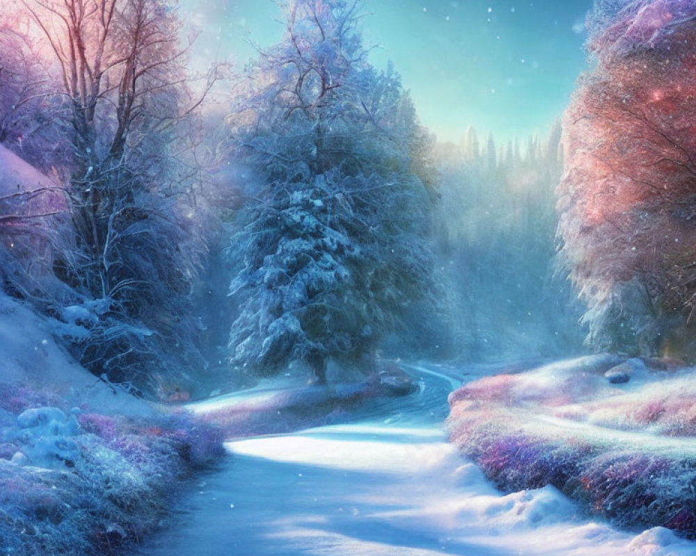 Snowy Path Through Vibrant Winter Trees at Sunrise or Sunset