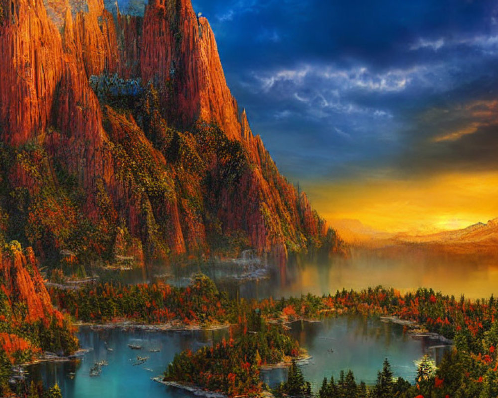 Scenic sunset over misty forested valley with red cliffs & river