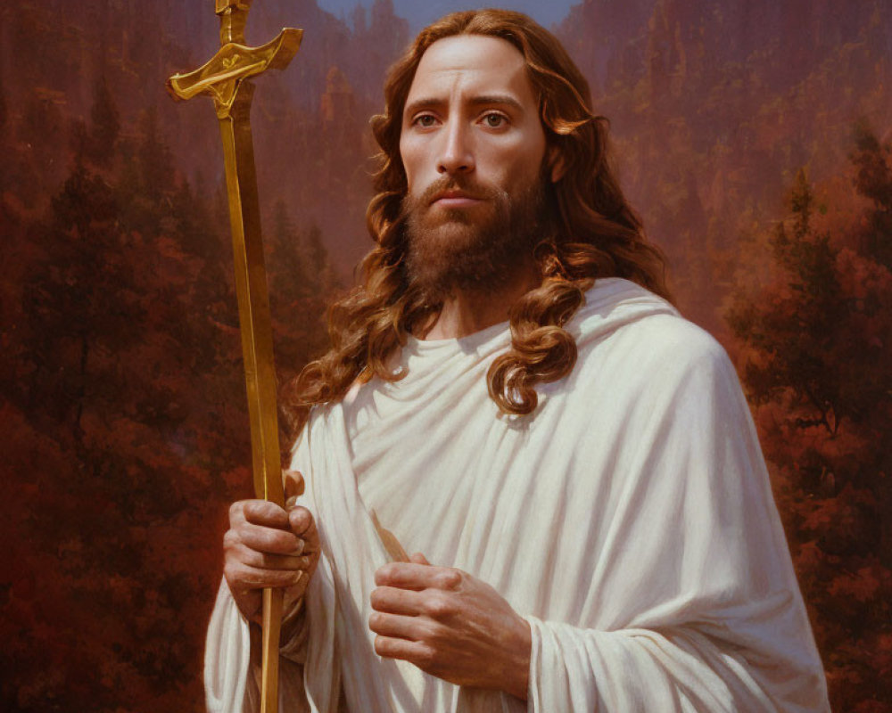 Man with Long Hair and Beard in White Robe Holding Golden Cross Staff in Forest Setting