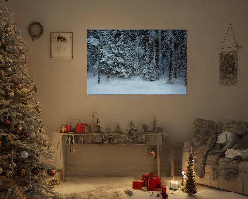 Festive room decor with Christmas tree, gifts, fireplace, snowy forest TV backdrop, and warm