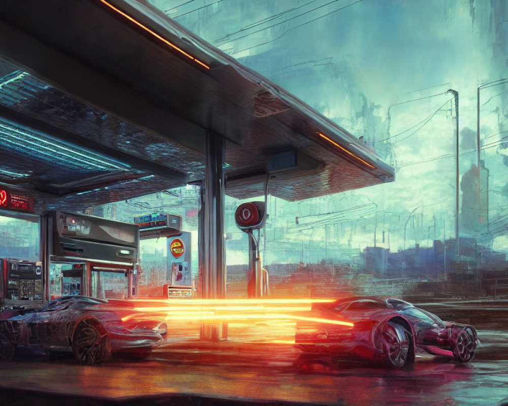 Futuristic gas station with neon signs, advanced cars, and urban backdrop