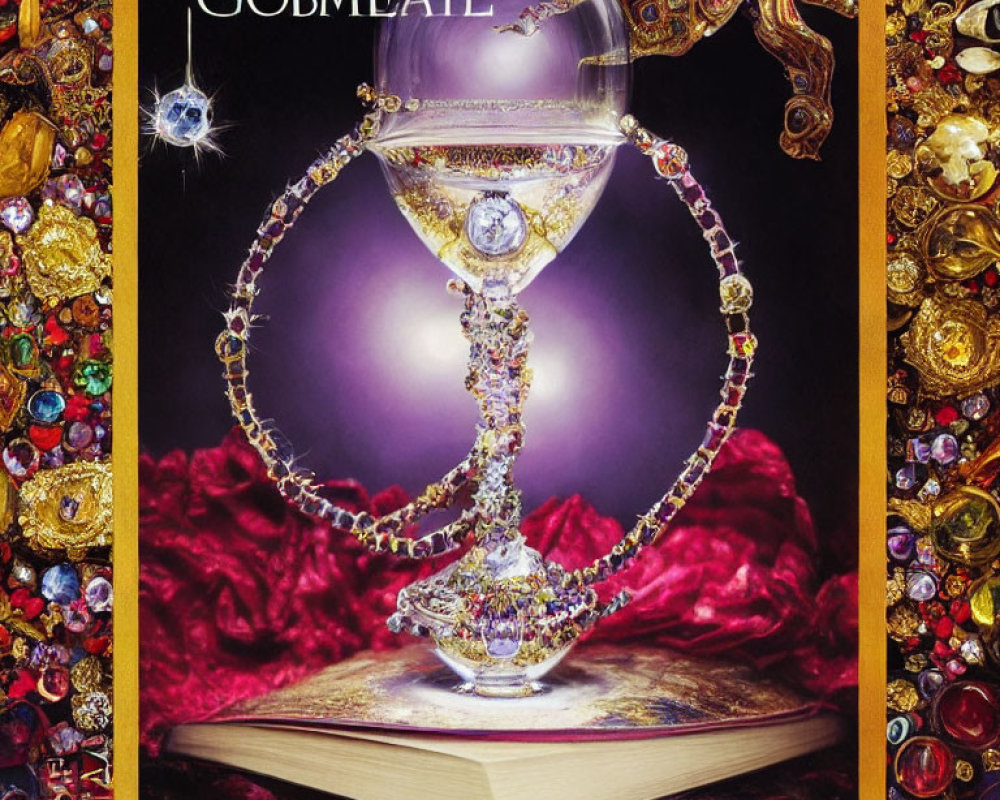 Jewel-encrusted magnifying glass on open book surrounded by opulent gold objects and