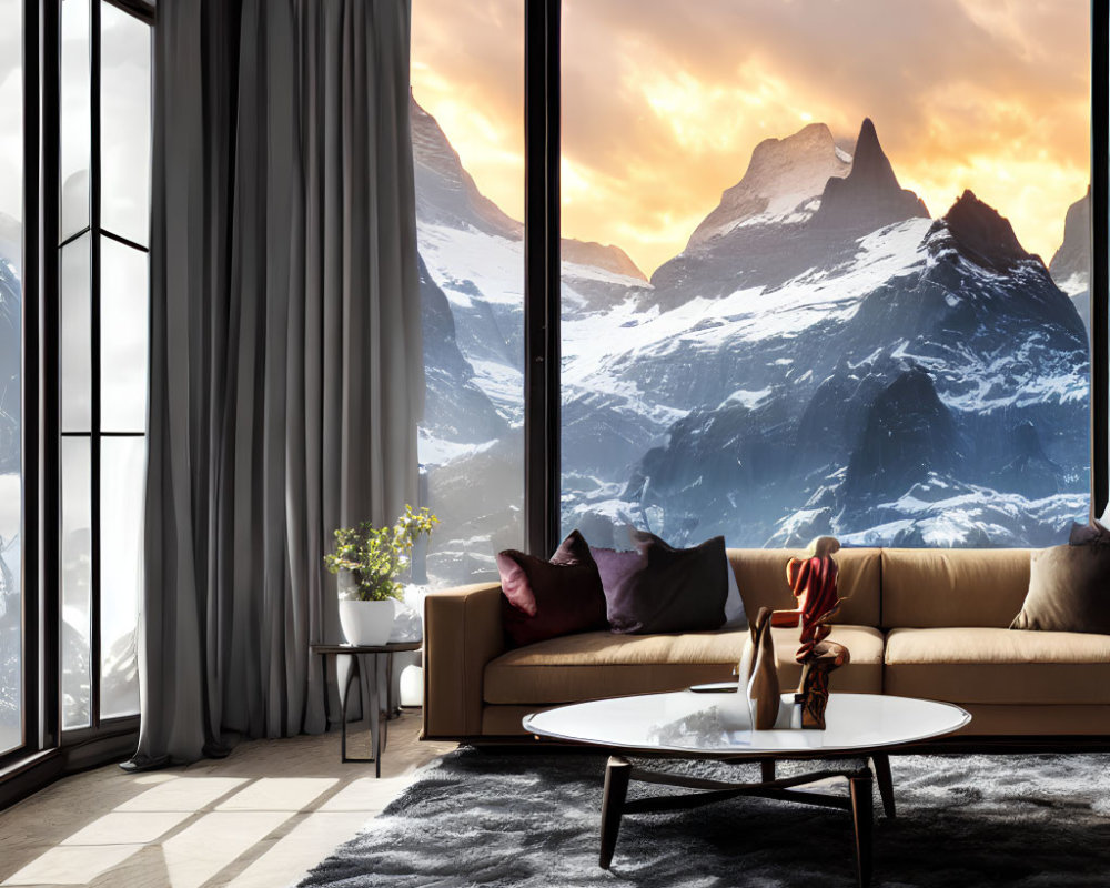 Spacious living room with large window, tan sofa, round coffee table, plush rug
