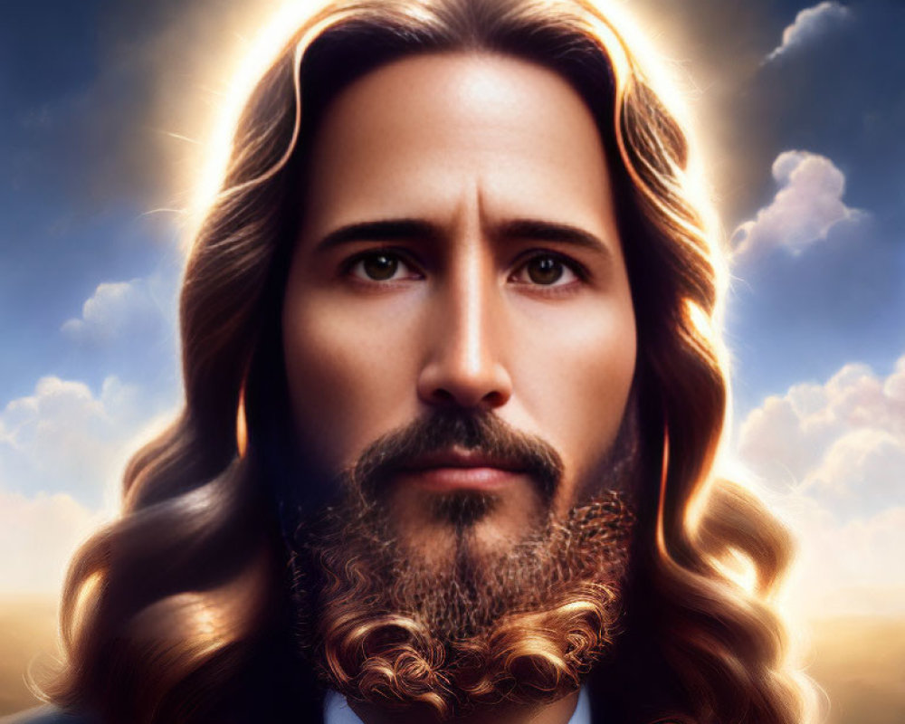 Man with Long Wavy Hair and Beard in Suit with Radiant Halo and Clouds