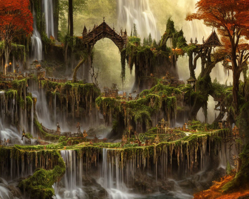 Fantasy landscape with waterfalls, bridge, cliffs, and autumn trees
