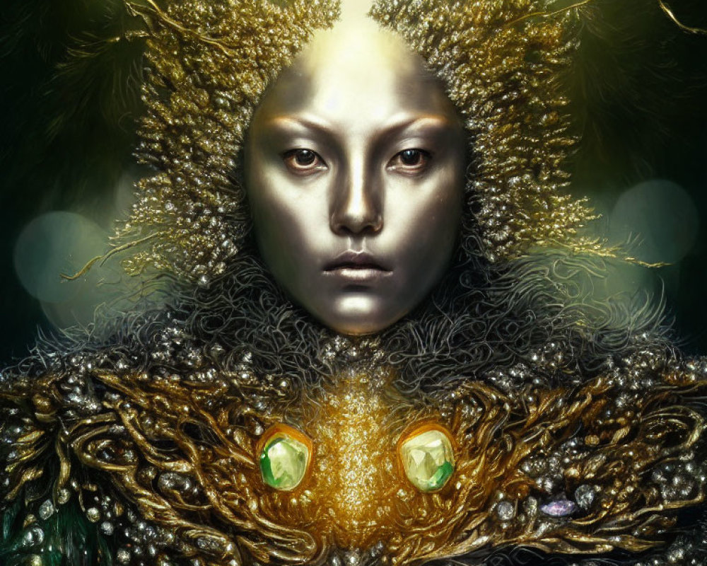 Ornate golden headdress and emerald embellishments in richly textured portrait