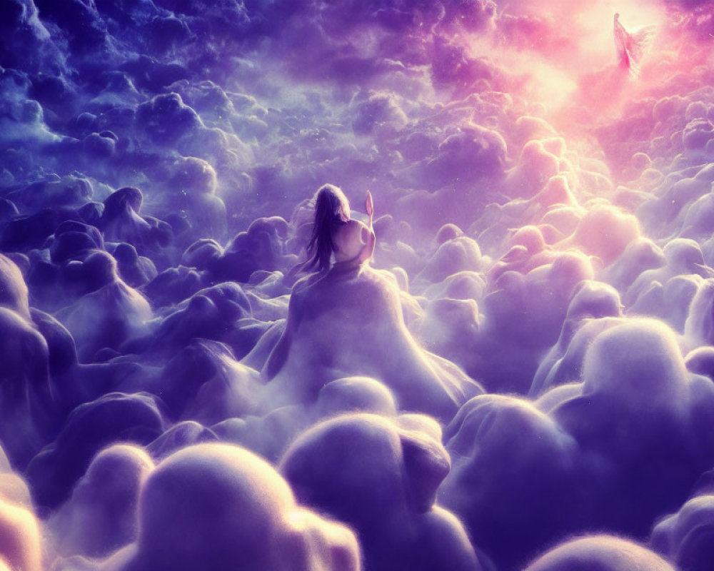 Person in flowing garments gazes at angelic figure in purple sky