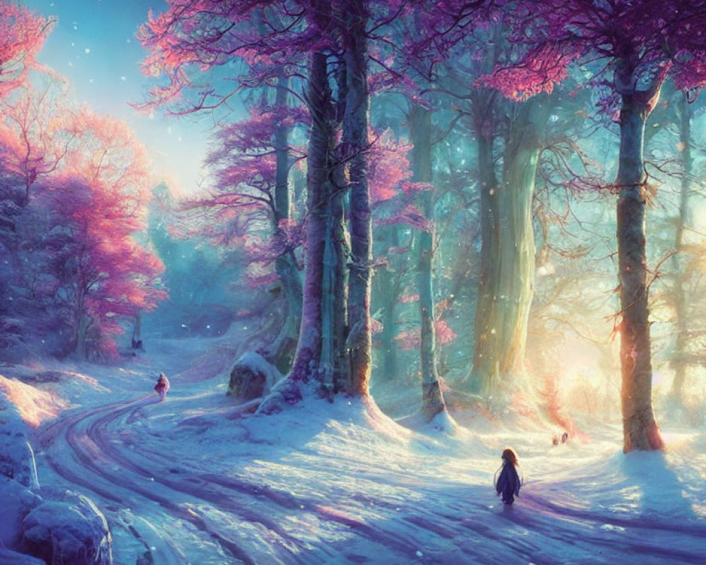 Snowy Winter Scene with Pink Trees and Figures Walking in Forest