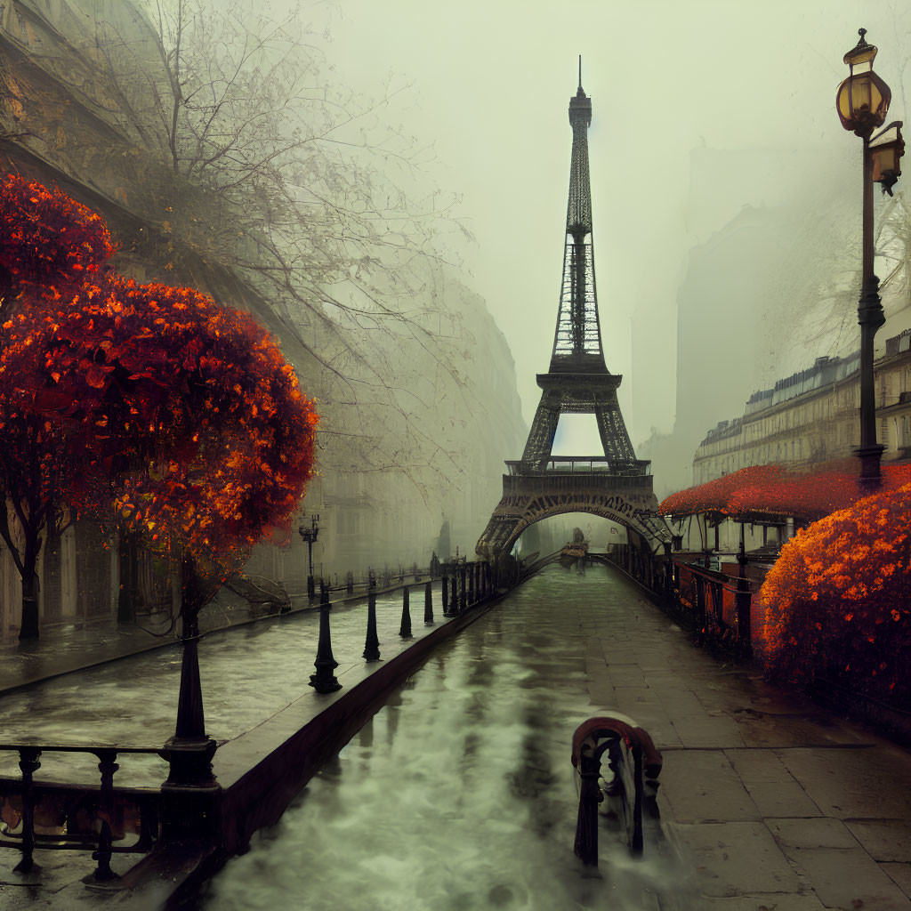 Autumnal Eiffel Tower Scene with Fog, Umbrella, and Vintage Lamps