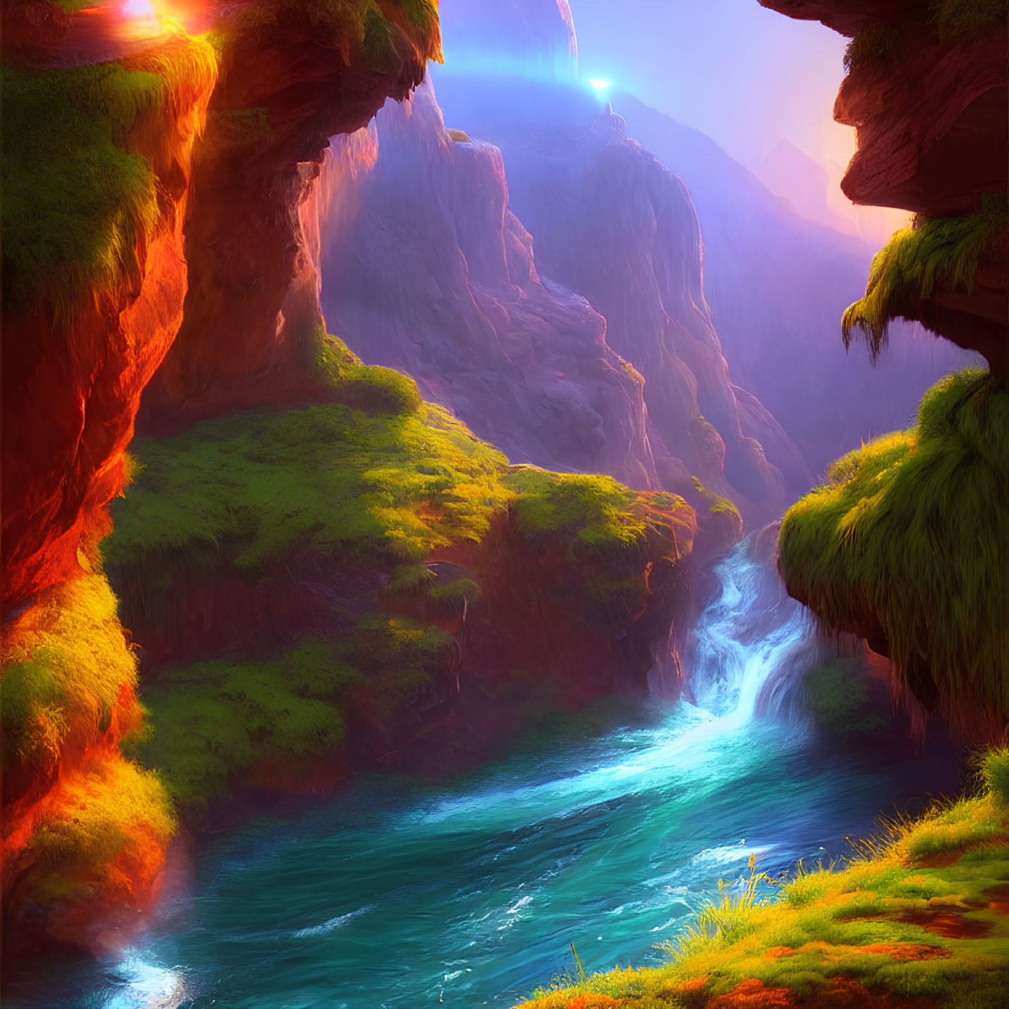 Lush River Canyon Landscape with Sunlight and Rock Formations