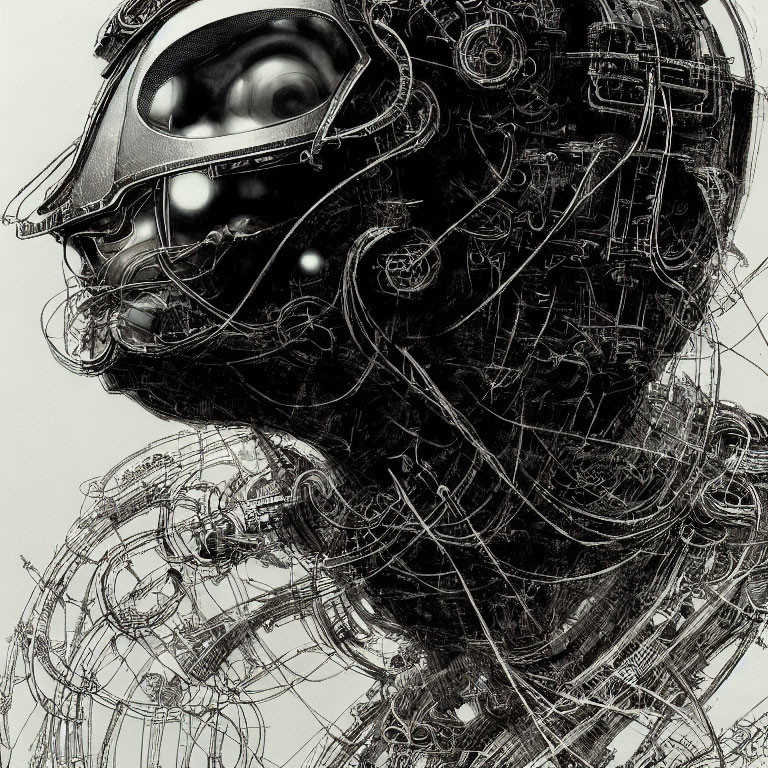 Intricate Mechanical Head with Dark Goggles in Sketch-Like Style