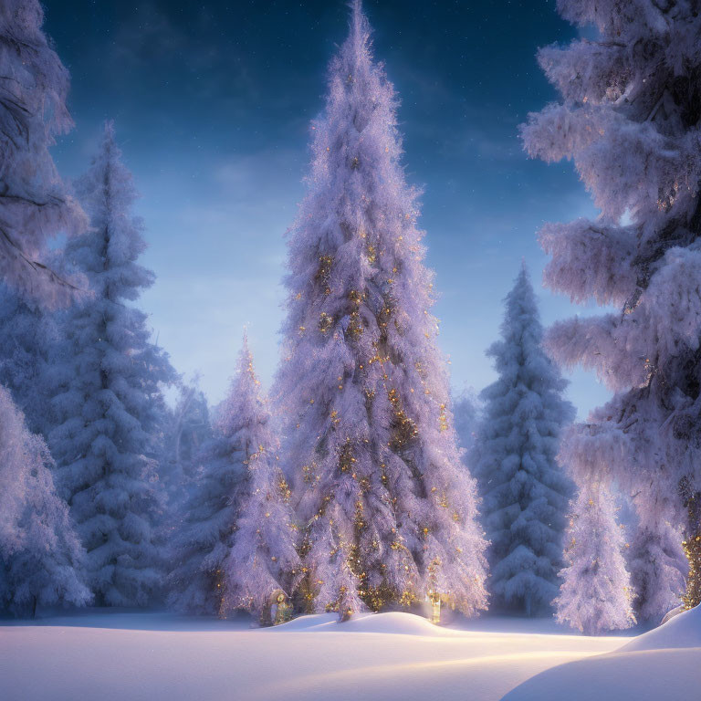 Snow-covered forest with frosted trees and illuminated pine in twilight