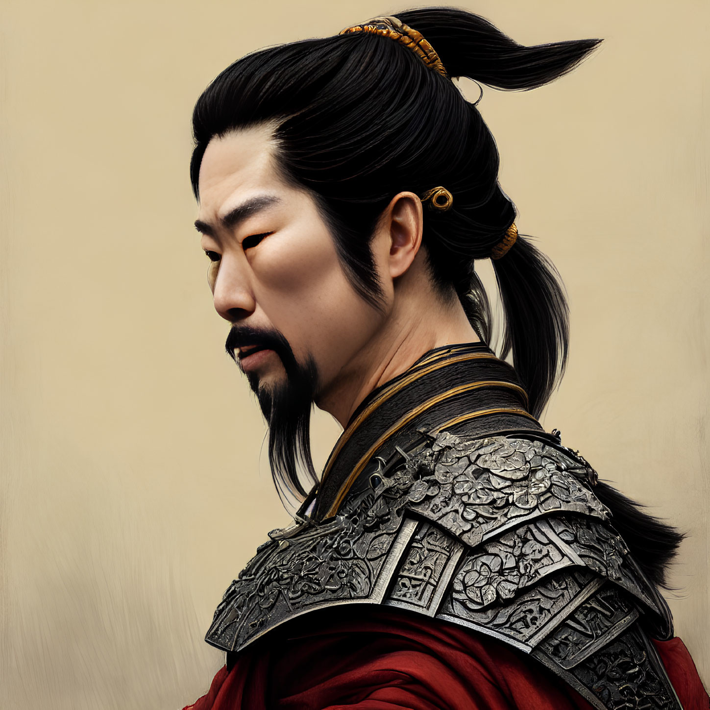 Historical Asian warrior digital painting with topknot, mustache, ornate armor, and red