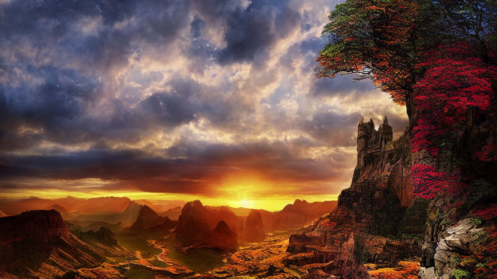 Fantasy landscape with castle, red tree, sunrise, mountains, and river