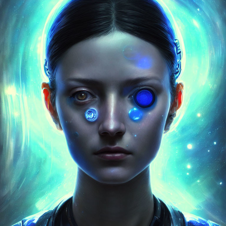 Futuristic digital art portrait of woman with cybernetic enhancements