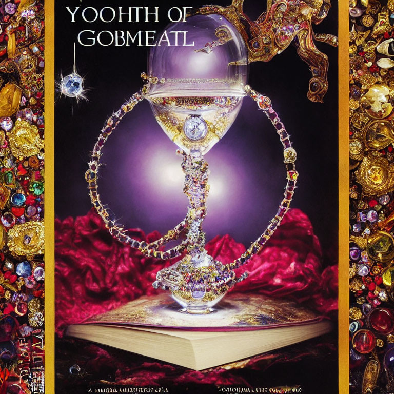 Jewel-encrusted magnifying glass on open book surrounded by opulent gold objects and