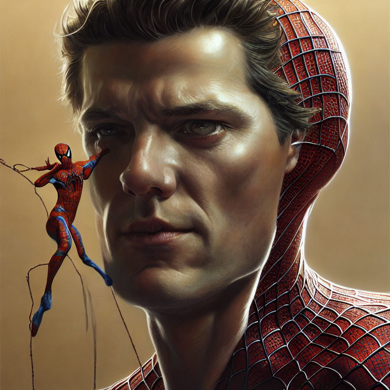 Detailed Spider-Man illustration with half-masked face showing serious alter ego.