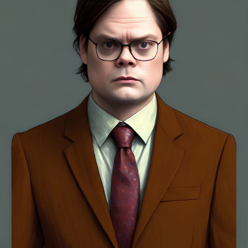 Digital Artwork: Man in Glasses with Dark Hair, Brown Suit, Green Shirt, and Red Tie