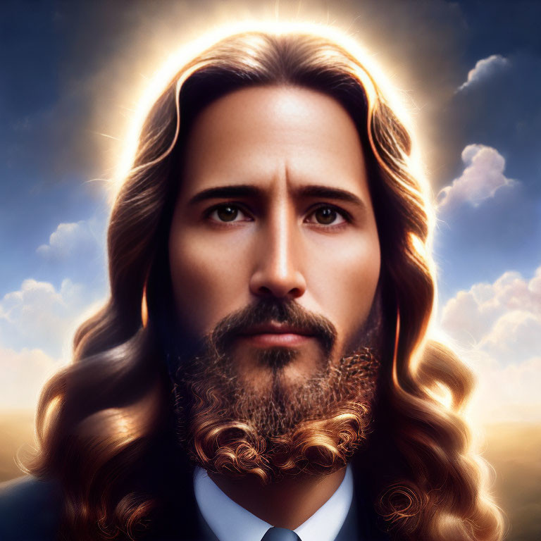 Man with Long Wavy Hair and Beard in Suit with Radiant Halo and Clouds