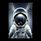 Astronaut in white spacesuit with reflective helmet visor in spacecraft interior.