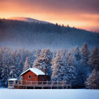 Wooden cabin with deck in snow-covered forest at sunset