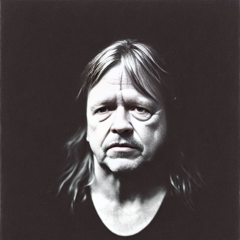 Monochrome portrait of middle-aged man with long hair and serious expression