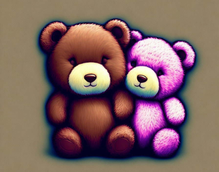 Brown and purple plush teddy bears in warm embrace with soft texture